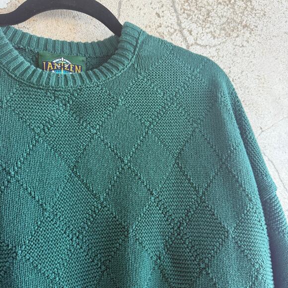 Vtg 90s Grandpa Sweater Emerald Green Diamond Textured Knit Crewneck Jantzen XL - Picture 2 of 8